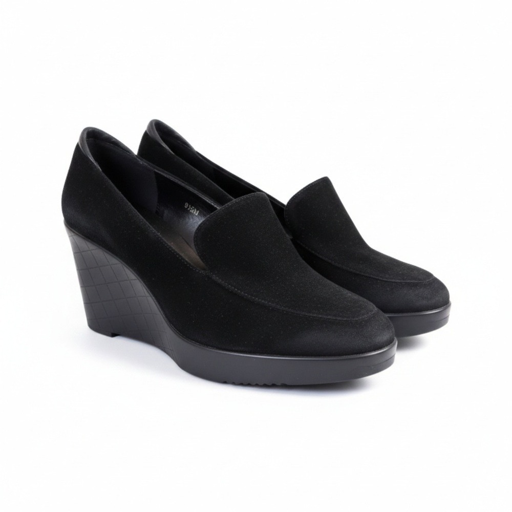 Van Eli Black Suede Wedge Loafers Womens 9.5M Platform Pumps Grid Heel READ